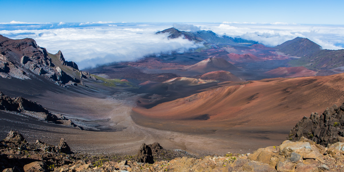 A summit view of the multicolored top of Haleakalā Volcano